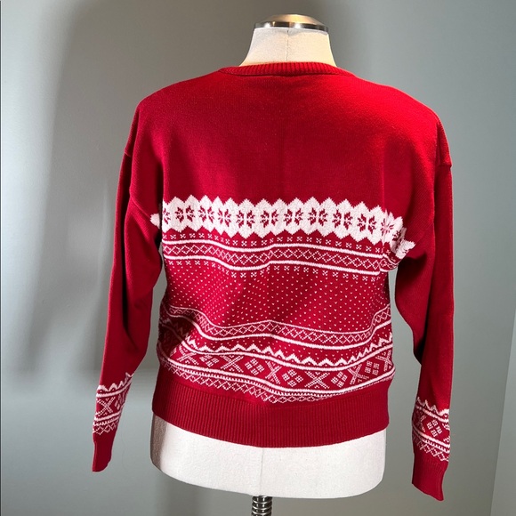 Vintage Red Fair Isle Embroidered Cotton Sweater Long Sleeves Crew Neck Nordic - Picture 3 of 9